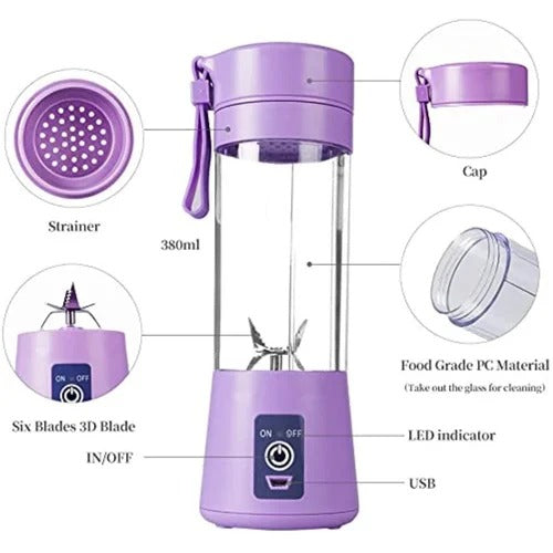 USB Rechargeable Portable Juicer Blender – 6 Blades Mini Electric Blender 380ML Food Grade Bottle, Personal Fruit Juicer Cup Machine with One Touch Double Click Start
