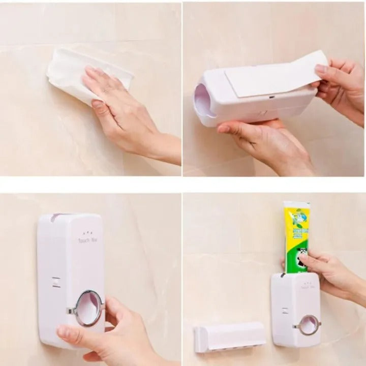 Toothpaste Dispenser, Washroom Accessories, Toothbrush holder, Wall mounted toothpaste dispenser & 5 toothbrush holder set, White Automatic Toothpaste Dispenser and Brush Holder Set, Toothpaste holder, Toothpaste Dispenser Automatic