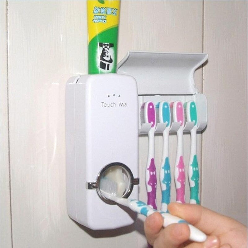 Toothpaste Dispenser, Washroom Accessories, Toothbrush holder, Wall mounted toothpaste dispenser & 5 toothbrush holder set, White Automatic Toothpaste Dispenser and Brush Holder Set, Toothpaste holder, Toothpaste Dispenser Automatic