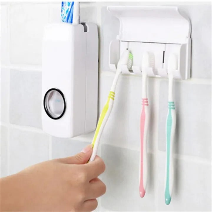 Toothpaste Dispenser, Washroom Accessories, Toothbrush holder, Wall mounted toothpaste dispenser & 5 toothbrush holder set, White Automatic Toothpaste Dispenser and Brush Holder Set, Toothpaste holder, Toothpaste Dispenser Automatic